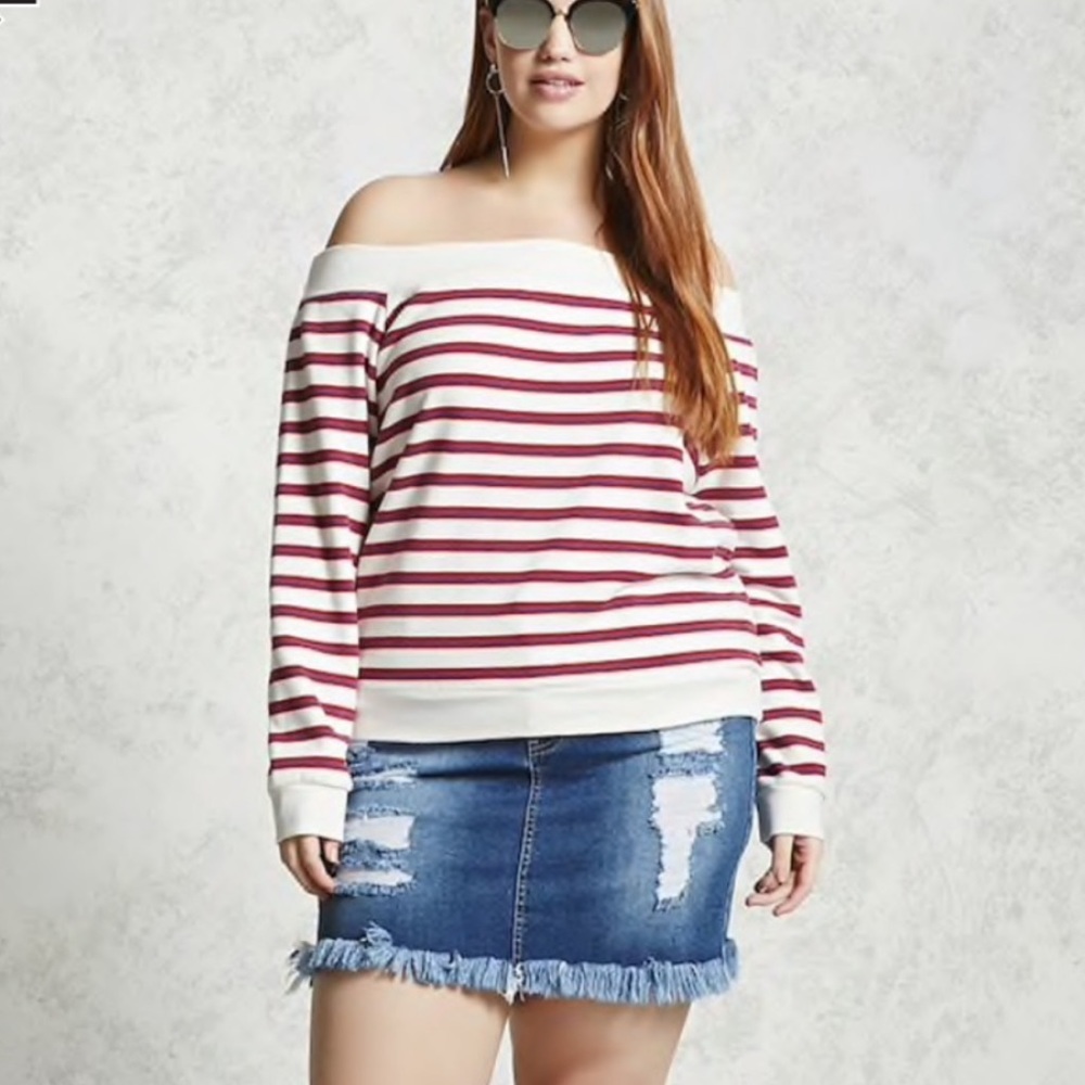 Forever 21 Red White Striped Sweater Off Shoulder